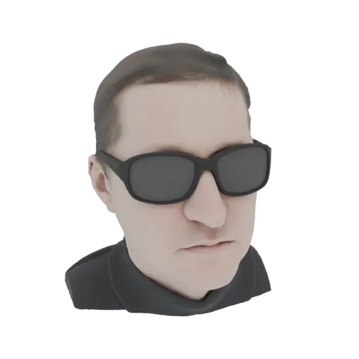 3D-Modell-Rendering eines Mannes mit dunkler Sonnenbrille und schwarzem Hemd, der nach vorne blickt mit neutralem Ausdruck.