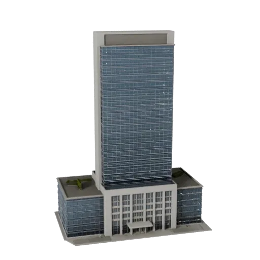 Commercial High Rise Building low poly 3D model, game-ready exterior view, showing commercial office building materials and a