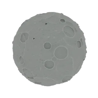 3D model of a small, grey, spherical planetoid covered in numerous impact craters.