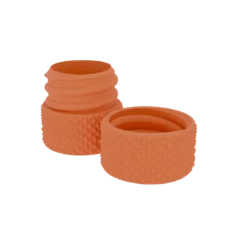 3D model of an orange screw cap with internal threads next to a matching orange knurled collar, set against a white backgroun