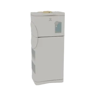 Modelo 3D de um refrigerador retro branco com congelador superior e painel superior cor creme, mostrado contra um fundo branc