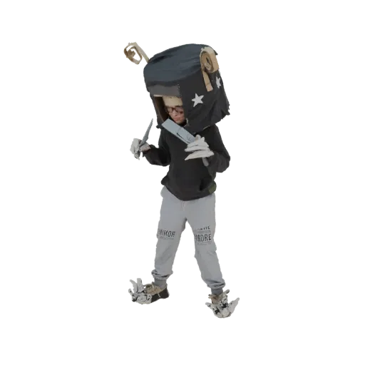 3D model of a whimsical box-headed creature with white stars, holding toy knives, wearing a hoodie and sweatpants.