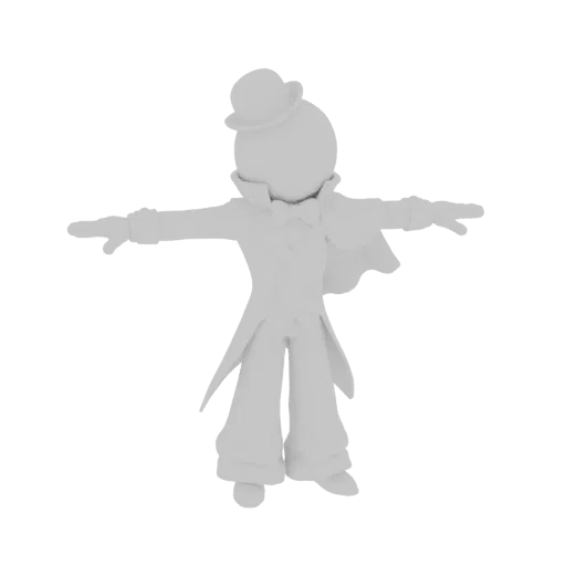 Modèle 3D d'un magicien stylisé en T-pose, portant un chapeau haut-de-forme, un nœud papillon, une veste et une cape, sur fon