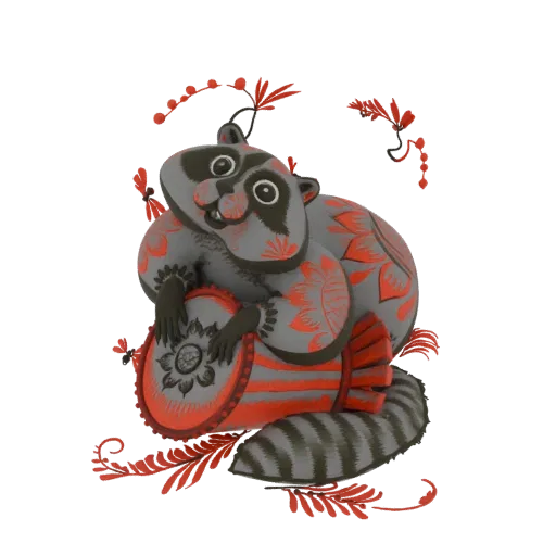 3D model of a gray raccoon with red folk art patterns, playing a drum, set against a black background.