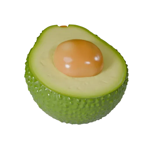 Avocado Half spielbereites 3D-Modell, Frontansicht Studio-Rendering, das Fruchtfugen, Kanten und Oberflächenschichten hervorh