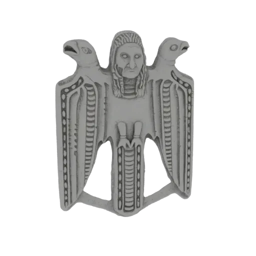 3D model render of a pendant featuring a human face with eagle wings, inspired by Native American art.
