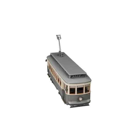 Modello 3D Tram d'Epoca, vista studio a tre quarti, asset veicolo pronto per Blender con proporzioni strada-rotaia, ritmo del