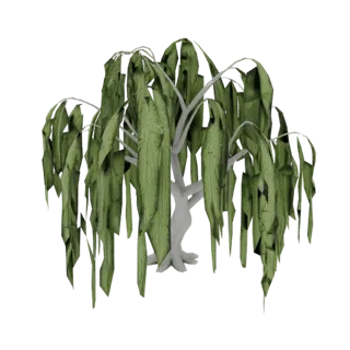 Una renderización 3D de un árbol sauce llorón de fantasía con un tronco gris pálido y largas ramas verdes caídas.