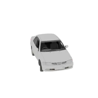 Un modelo 3D de un coche sedán blanco, visto desde un ángulo frontal derecho ligeramente elevado, sobre un fondo blanco liso.