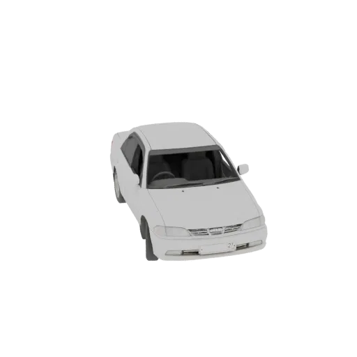 Ein 3D-Modell eines weißen Limousinen-Wagens, aus einem leicht erhöhten vorderen rechten Winkel betrachtet, vor einem schlich