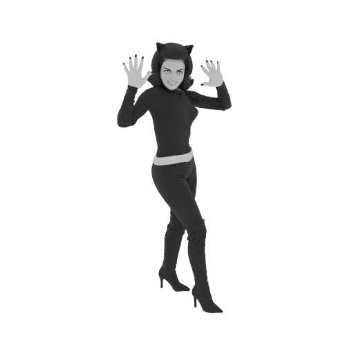A black and white 3D model of a retro Catwoman in a playful pose, wearing a catsuit and boots.
