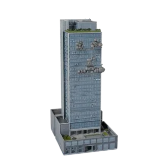 Modular High Rise Office Tower realistic 3D model, three-quarter exterior view, showing commercial office building materials