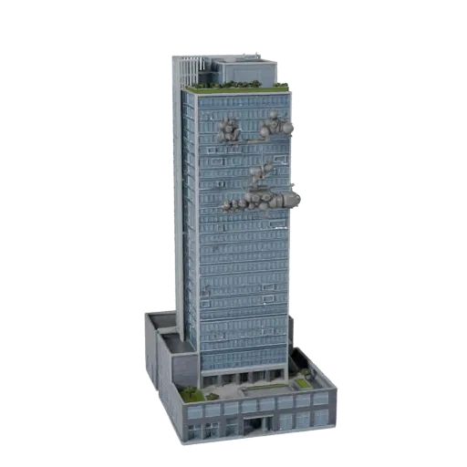 Modular High Rise Office Tower realistic 3D model, three-quarter exterior view, showing commercial office building materials