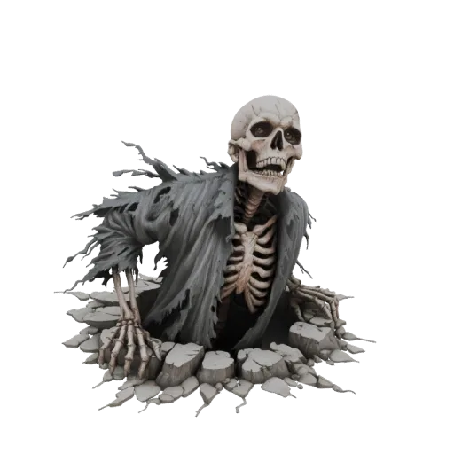 3D model of a skeletal figure in tattered robes breaking through cracked ground, with visible bones and tattered fabric.