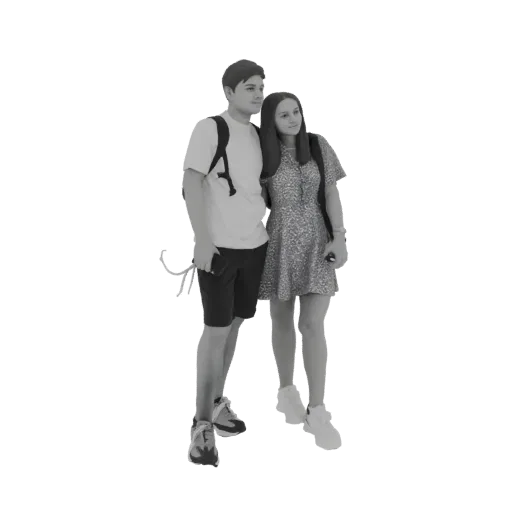 Modèle 3D d'un jeune homme et d'une jeune femme debout ensemble, tous deux portant des sacs à dos et posant pour une photo.