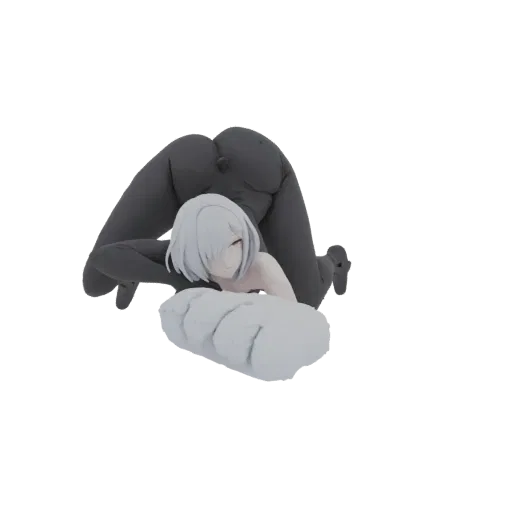 3D render of an anime girl with white hair and a black outfit, posed on a white cushion.