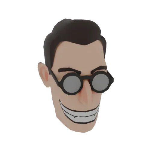 3D render of a stylized character's head with dark hair, round glasses, and a wide, toothy grin against a black background.