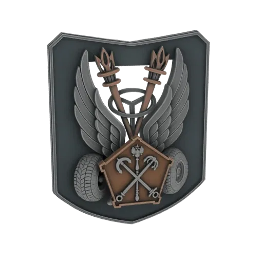 3D render of a detailed military emblem with wings, torches, a steering wheel, and crossed anchor and hammer on a shield-shap