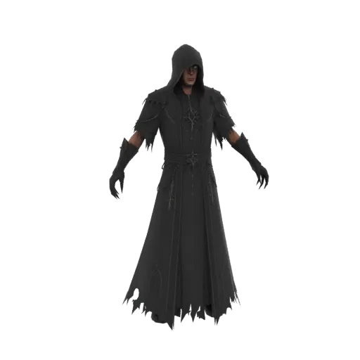 3D model of a dark hooded sorcerer wearing a tattered black robe and gloves, standing with arms slightly outstretched.