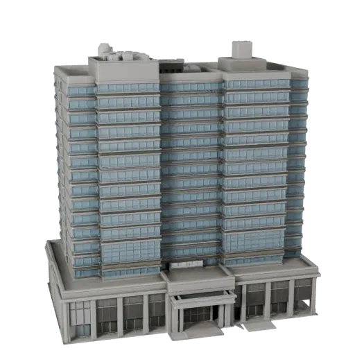Modèle 3D réaliste de siège social de banque, vue extérieure en trois-quarts, montrant les matériaux du bâtiment de bureaux c