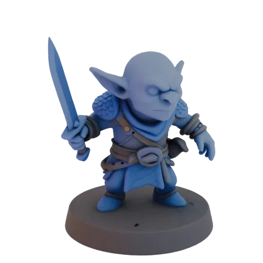 Miniatura STL Goblin Guerriero Fantasy, rendering da tavolo a tre quarti, miniatura nemica stampabile in resina con armatura,