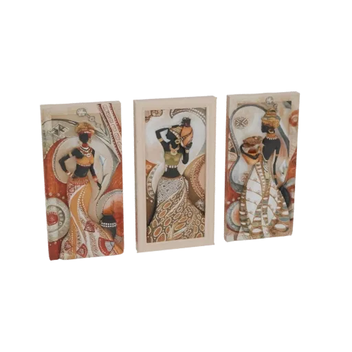 3D model of a triptych wall art with three panels, each depicting an African woman carrying a water pot in traditional attire
