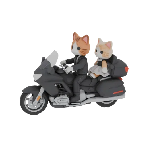 A 3D render of a cute cat couple, a boy and a girl, riding a detailed motorcycle. The boy wears a leather jacket, and the gir