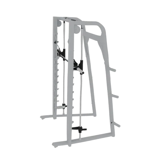 Modello 3D di una Smith machine grigia con sistema crossover a cavi, con pulegge e cavi.