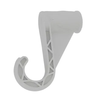A 3D render of a white plastic S-hook with a reinforced curved design, isolated on a white background.