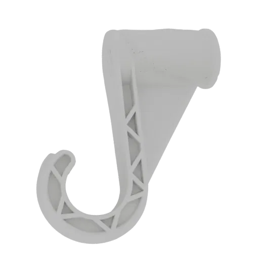 A 3D render of a white plastic S-hook with a reinforced curved design, isolated on a white background.