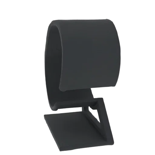 Ein minimalistisches schwarzes 3D-Modell eines Schreibtischständers für eine Webcam, vor weißem Hintergrund.
