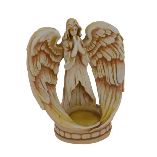 3D model of a praying angel with large wings, designed as a candle holder, rendered against a dark background.