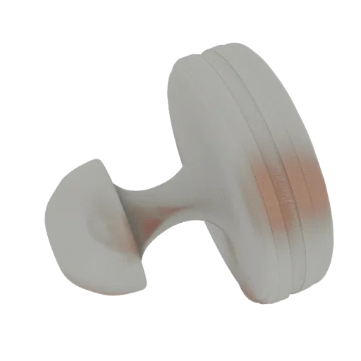 Rendu 3D d'une poignée sculpturale abstraite avec une finition gris clair lisse et mate et de subtils dégradés de couleur ora
