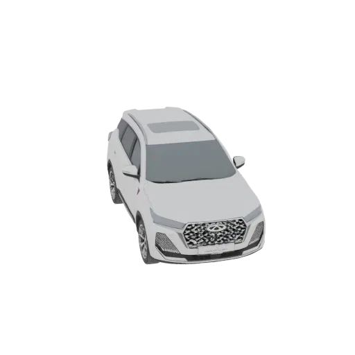 موديل ثلاثي الأبعاد لسيارة شيري تيجو 7 برو SUV بيضاء، معروضة من زاوية أمامية ثلاثية الأرباع على خلفية بيضاء.