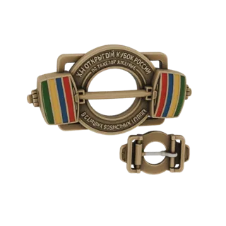 3D model of a gold-colored weightlifting belt buckle with a barbell design and red, blue, yellow, and green plates, and a sep