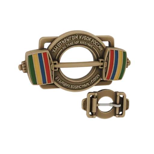 3D model of a gold-colored weightlifting belt buckle with a barbell design and red, blue, yellow, and green plates, and a sep