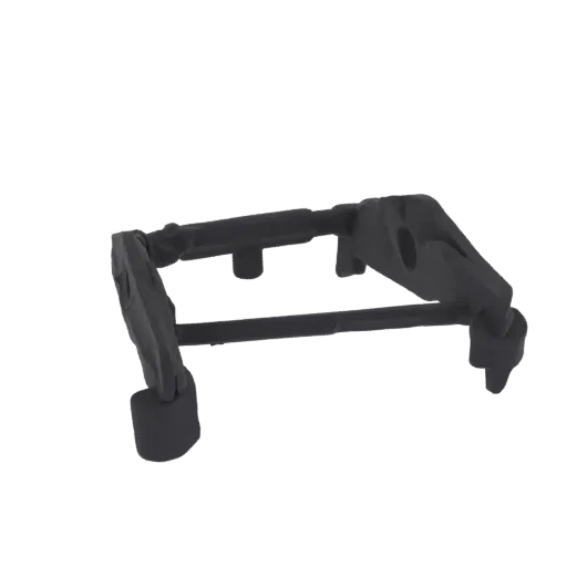 3D model of a dark gray industrial bracket with multiple mounting holes and support structures.