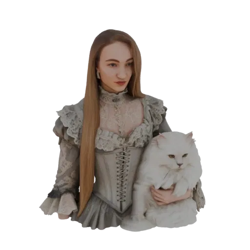 3D model of a Victorian lady with long blonde hair, wearing a grey lace dress, holding a fluffy white cat.