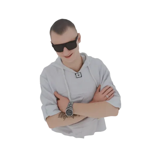 3D model of a man with a buzz cut, wearing a grey hoodie and black sunglasses, with arms crossed.