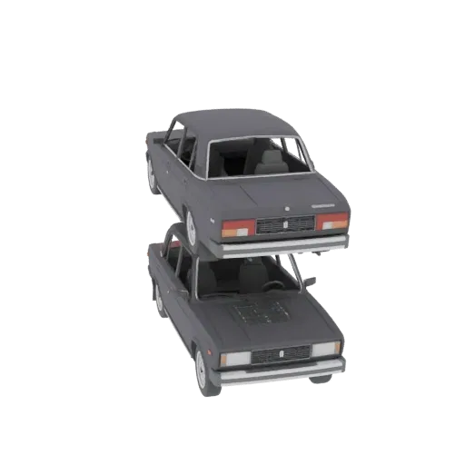 A 3D model of two dark grey Lada sedans stacked vertically, with the top car resting on the roof of the bottom car.