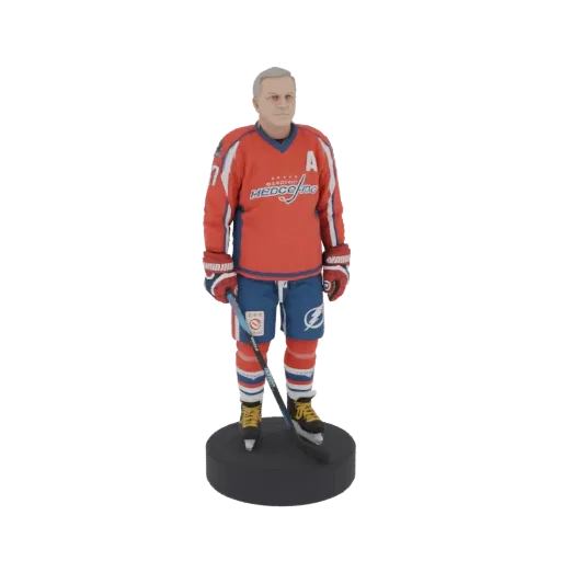 3D model of a hockey player in a red and blue uniform, holding a hockey stick, standing on a black base.