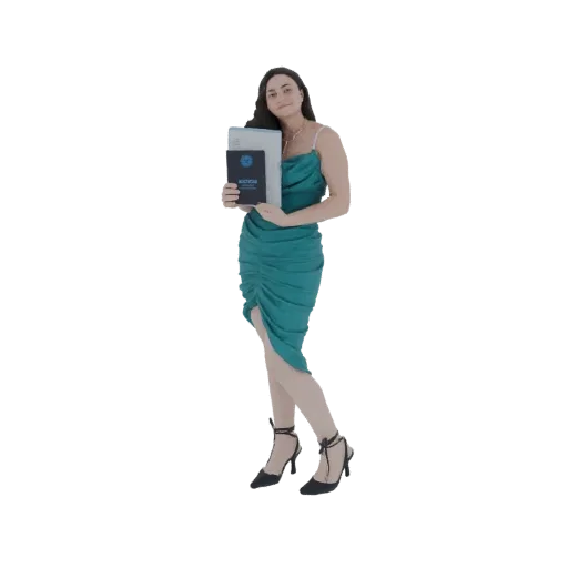 Modello 3D di donna in abito verde acqua che tiene due libri, con tacchi eleganti e collana.
