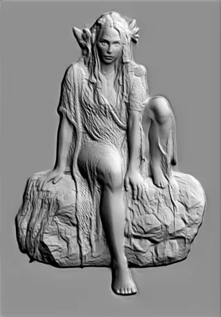 Modèle 3D de bas-relief de nymphe sylvestre assise sur une pierre, avec vêtements et texture de pierre détaillés.