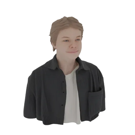 Modelo 3D de joven con pelo castaño, camisa negra sobre camiseta blanca, sonriendo.