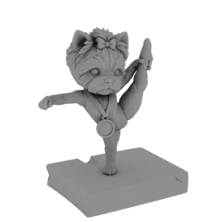 Modèle 3D d'un Yorkshire Terrier gris en pose de gymnastique, en équilibre sur une patte avec l'autre étendue, portant une mé