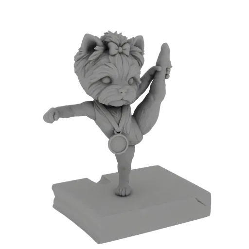 Modelo 3D de un Yorkshire Terrier gris en pose de gimnasia, equilibrándose sobre una pata con la otra extendida, con una meda