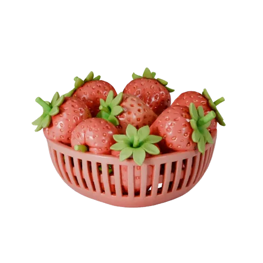 Fresh Strawberry Basket Printable 3D model, isometric STL render, showing skin pores, recognizable fruit forms.