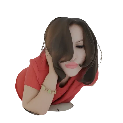 Modello 3D di una donna elegante con capelli castani fluttuanti, indossa un top rosso, con espressione pensierosa.
