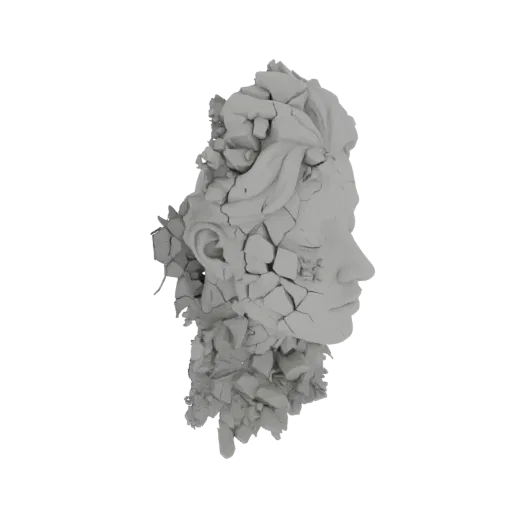 Render 3D de una escultura de cabeza clásica hecha añicos en muchas piezas afiladas y angulares, sobre fondo blanco.