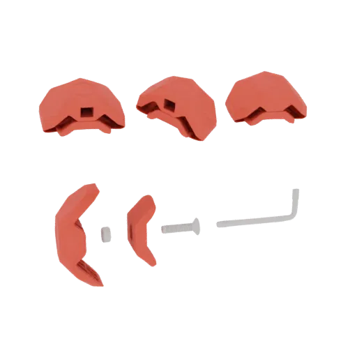 3D render of three orange climbing holds, a silver screw, and an Allen wrench on a white background.